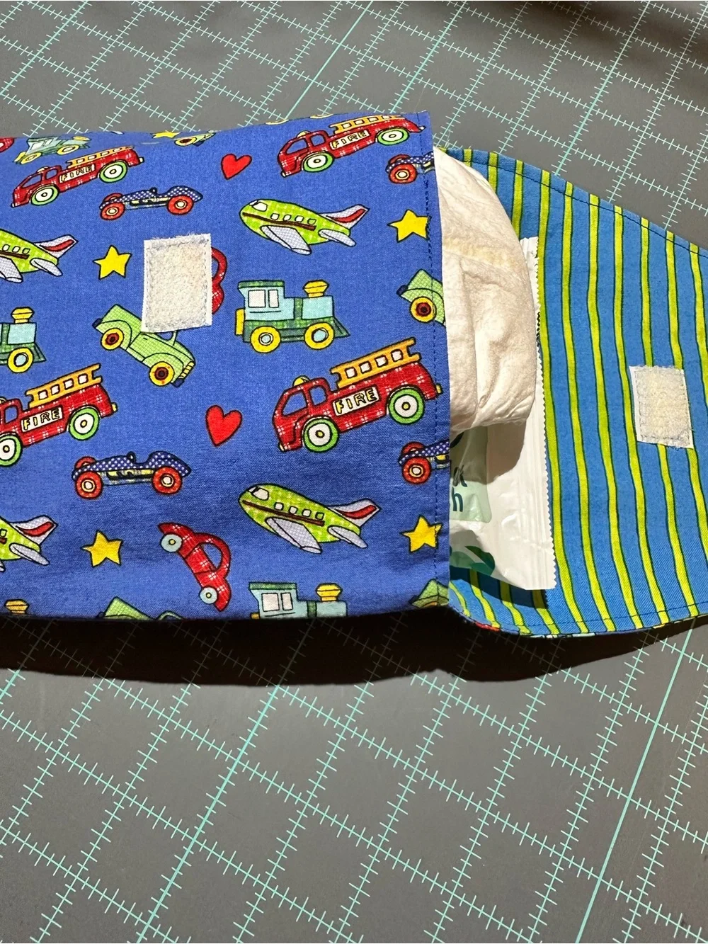 Bib - Burp Cloth - Diaper Pouch Set in Blue Cotton Fabric, Transportation Print
